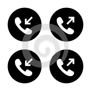 Incoming and outgoing call icon on black circle. Phone communication symbol vector