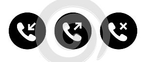 Incoming, outgoing, and missed call icon on black circle