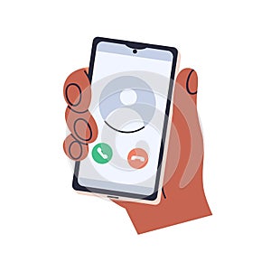 Incoming phone call on mobile screen. Hand holds smartphone with accept, receive, answer and decline, hang up button