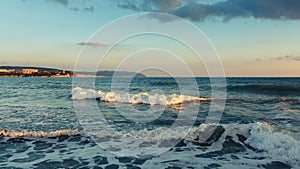 The incoming sea wave against the background of Tolstoy cape coast of Gelendzhik. North Caucasus, Russia