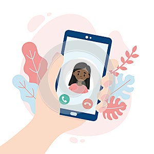 Incoming video call. Hand holding a smartphone. Cute girl making a video call. People using a video call app while social distanci