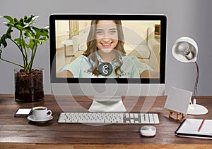 Incoming video call of women on desktop pc