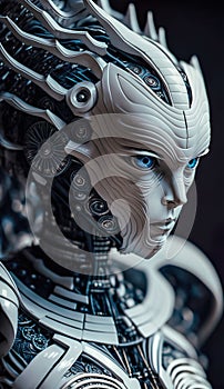 Incomplete White Humanoid Roboter Close Up Portrait On Dark Background - Generative AI