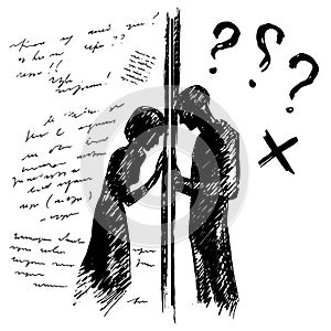 Incomprehension couple man woman talking through the wall. Sketch vector illustration. Misunderstanding conflict photo