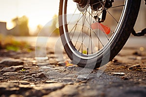 Inconvenience on the road Close up of a bike flat tire