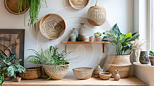 bohemian home decor, incorporating brass accents, woven baskets, and hanging planters achieves a balanced blend of photo