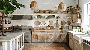 bohemian home decor, incorporating brass accents, woven baskets, and hanging plants achieves a stylish blend of photo