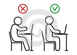 Incorrect curve and correct health posture of sitting on computer. Health preservation rules. Avoid poor posture and