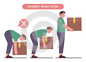 Incorrect lifting of heavy box. Man stand up holding a cardboard