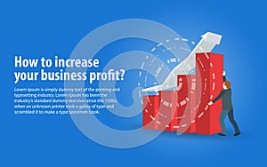 Increase business profits. Banner in a flat 3d style. Sales growth and revenue, business development. A man in a business suit hol