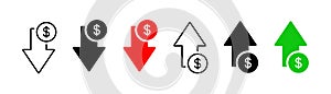 Increase, decrease dollar icons. Interest arrow money icons collection. Increase, decrease growth elements icons