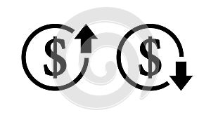 Increase and decrease dollar price icon. Up and down currency value sign symbol