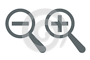 Increase-decrease magnifiers icons. Plus and minus zoom tool symbols. Search information signs. Zoom in, Zoom out icon photo