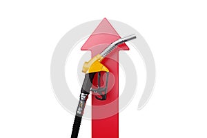 Increase in fuel prices, increase in the cost of gasoline. Gas station pistol on the background of a red arrow. Concept fuel,