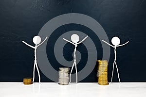 Increase and grow savings and investment, financial contentment concept. Human stick figure with increasing stack of coins.