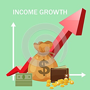 Increase Income Financial Revenue, Income growth money rate rising up. Arrow up, Money purse coins gold bag coins fund