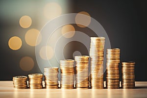 Increase Interest Rate and Business Growth: Coins Money Stacking with Up Arrow and Percentage Symbol in a Financial Concept