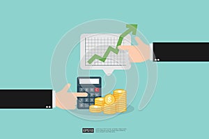 Increase profit sales diagram. Hand with business chart growth in flat style design. increasing graph investment revenue with line