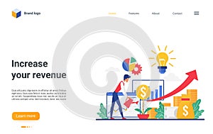 Increase revenue concept landing page, investor watering money tree to grow gold coins