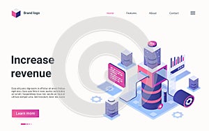 Increase revenue isometric landing page, investor machine for calculating money profit