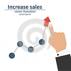 Increase sales. Diagram up. Businessman raises hand financial chart. Vector illustration flat design. Isolated on white