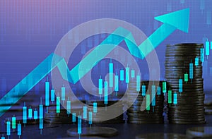 Increasing Arrow And Coins Over Blue Background With Economics Graph