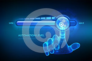 Increasing automation level. RPA Robotic process automation innovation technology concept. Wireframe hand is pulling up