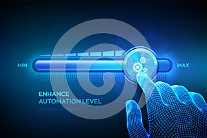 Increasing automation level. RPA Robotic process automation innovation technology concept. Wireframe hand is pulling up to the