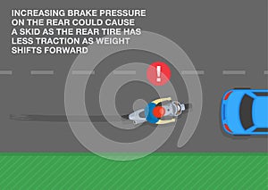 Increasing brake pressure on the rear could cause a skid. Top view of moto rider skidding on road.