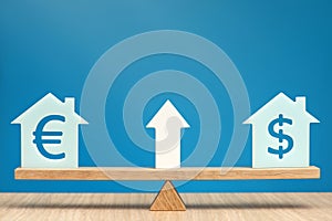 Increasing the cost of housing. House models with dollar and euro symbols balance on the scales. Banner on the theme of