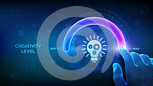 Increasing Creativity. Wireframe hand is pulling up to the maximum position circle progress bar with the creativity icon.