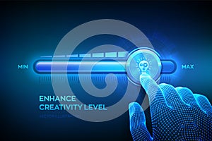 Increasing Creativity. Wireframe hand is pulling up to the maximum position progress bar with the creativity icon. Innovative and