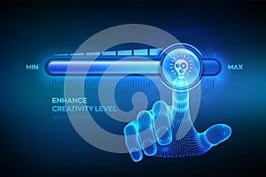 Increasing Creativity. Wireframe hand is pulling up to the maximum position progress bar with the creativity icon. Innovative and