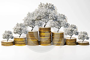 Increasing and decreasing pile of coins going up with growing and down white tree on top
