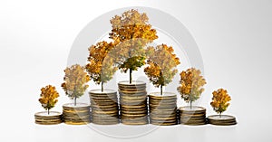 Increasing and decreasing pile of coins going up with growing and down yellow tree on top