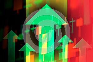 Increasing green arrows showing improvements in economy or growth on the stock exchange in Belgie.