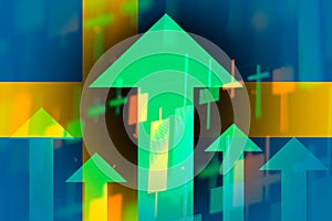Increasing green arrows showing improvements in economy or growth of stocks in Sweden