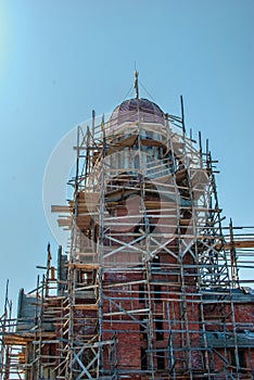 Incredibile wooden scaffold, for building a church photo
