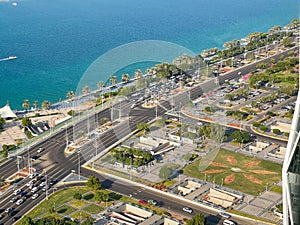 Incredible aerial view of Abu Dhabi Corniche road and beach