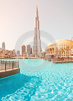 Incredible architecture of the tallest skyscraper in the world - the main attraction of Dubai - Burj Khalifa. Travel in Arab