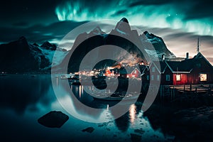 A wide shot of the HamnÃ¸y village, with the aurora borealis illuminating the sky photo