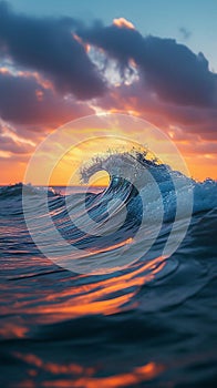 Incredible beautiful sunset in the ocean with small waves. Generative AI