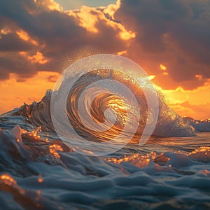 Incredible beautiful sunset in the ocean with small waves. Generative AI