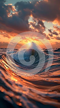 Incredible beautiful sunset in the ocean with small waves. Generative AI