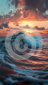 Incredible beautiful sunset in the ocean with small waves. Generative AI