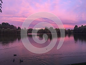 Incredible beautiful view in IOR Parc Bucharest Alexandru Ioan Cuza Park at sunset