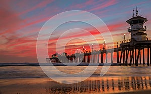 Sunset by the Huntington Beach Pier in California