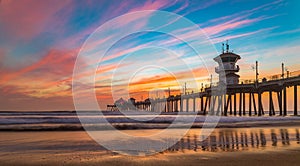 Sunset by the Huntington Beach Pier in California