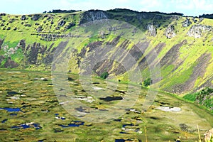 Incredible Crater Lake of Rano Kau Volcano View from Orongo Ceremonial Village on Easter Island, Chile