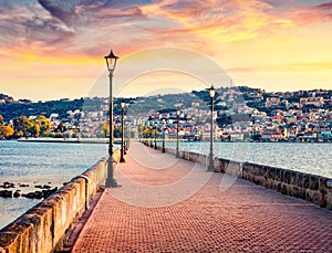 Incredible evening cityscape of Argostolion town, former municipality on the island of Kefalonia, Ionian Islands, Greece. Splendid